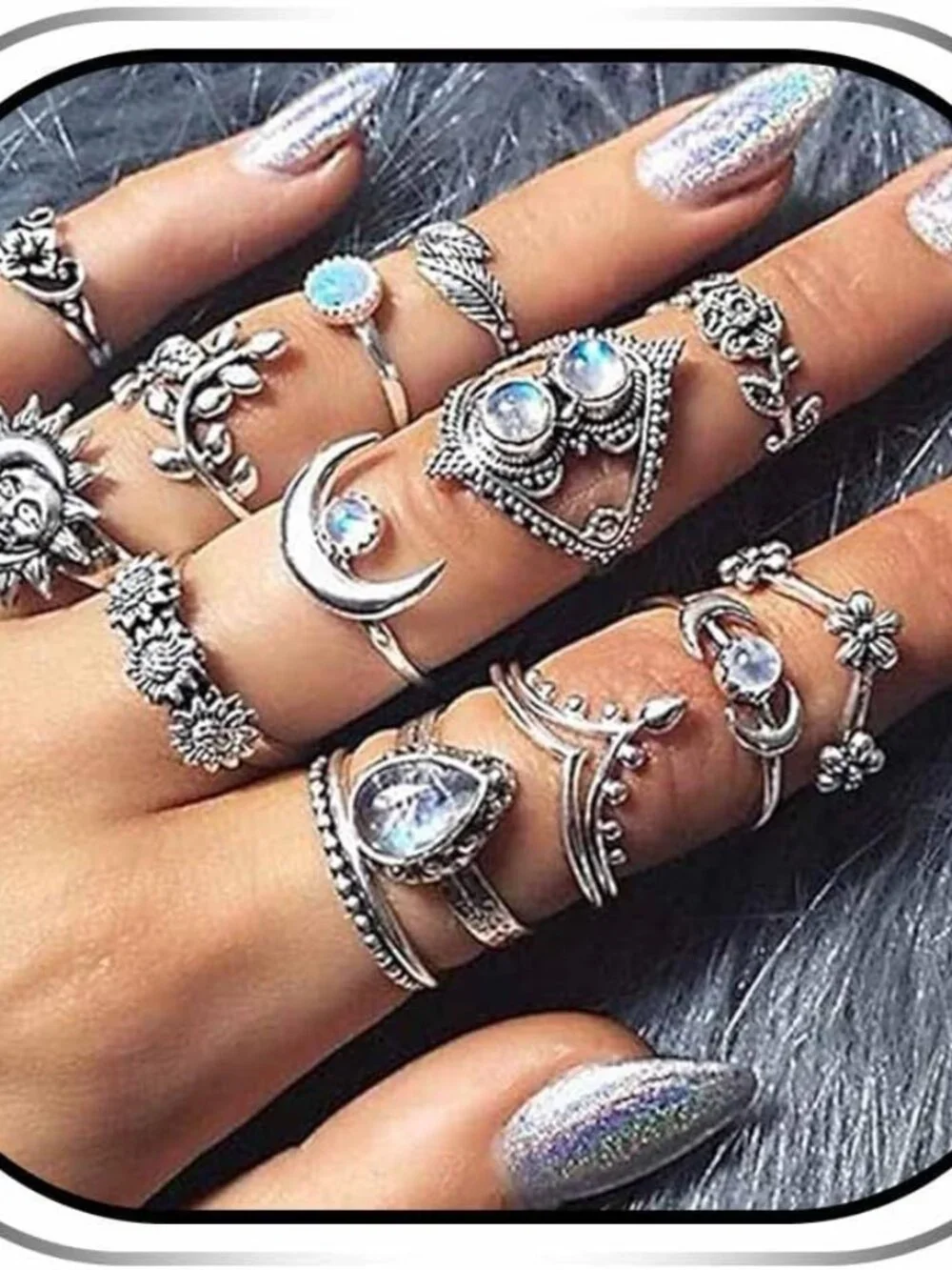 Vintage Ring Set Carved Knuckle Rings Crystal Gemstone Stackable Rings Finger Mi - Picture 1 of 1